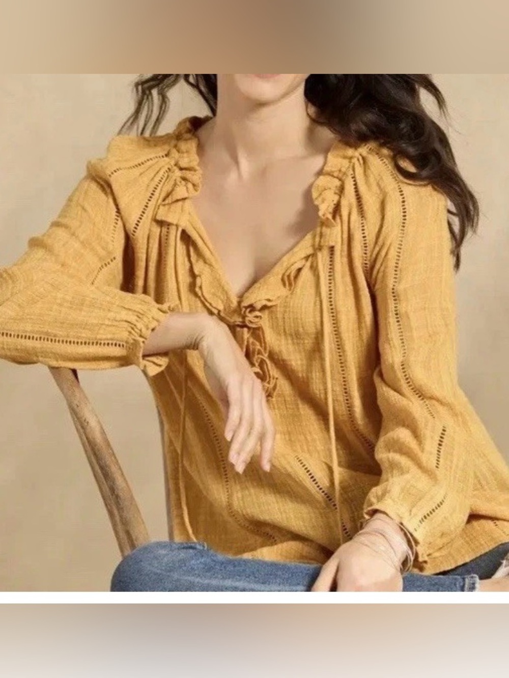 SUNDANCE Boho Peasant Blouse XS Tassel Ties Ladder Lace